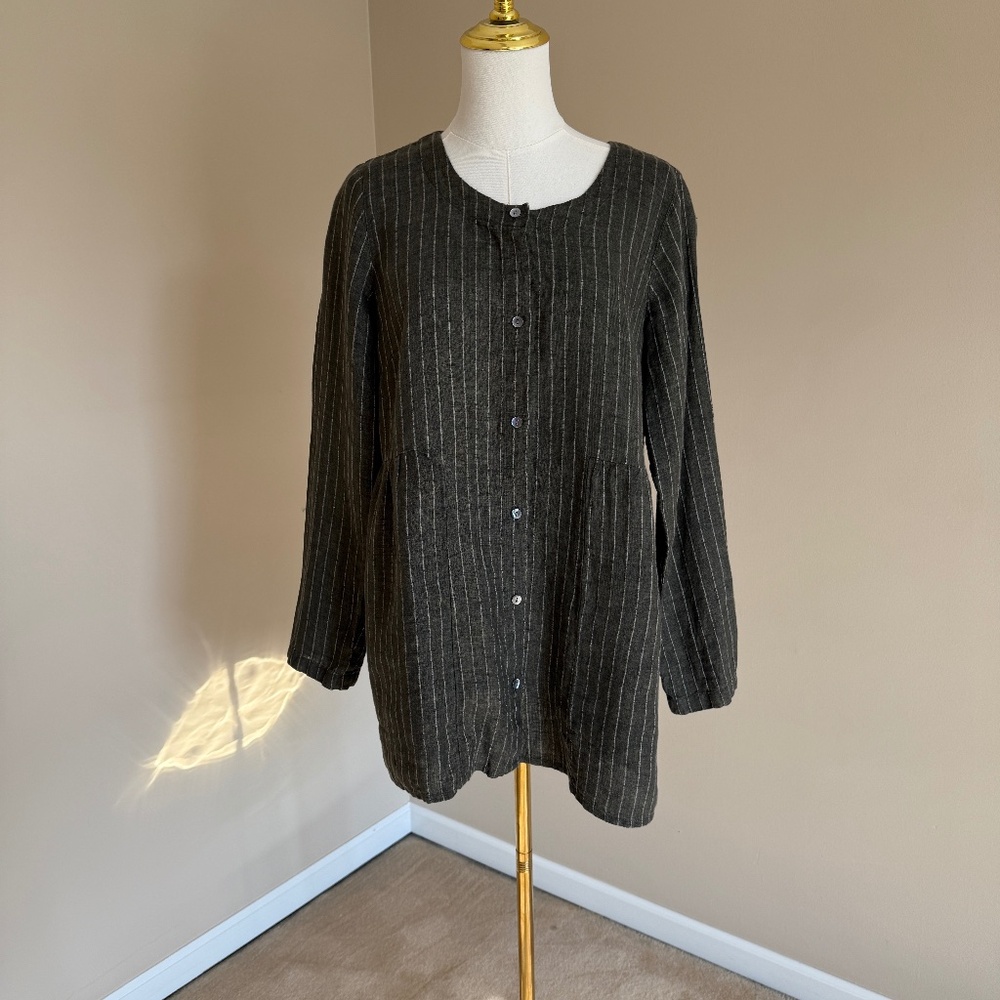 J Jill - Purejill 100% Linen Sage Green Striped Tunic top Size Small